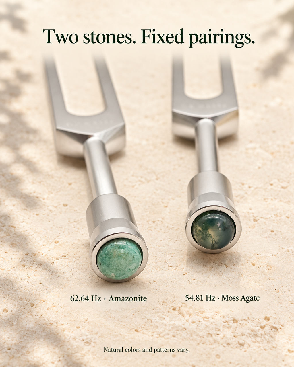 54.81 & 62.64 Hz Weighted Tuning Forks with Gemstone Boots