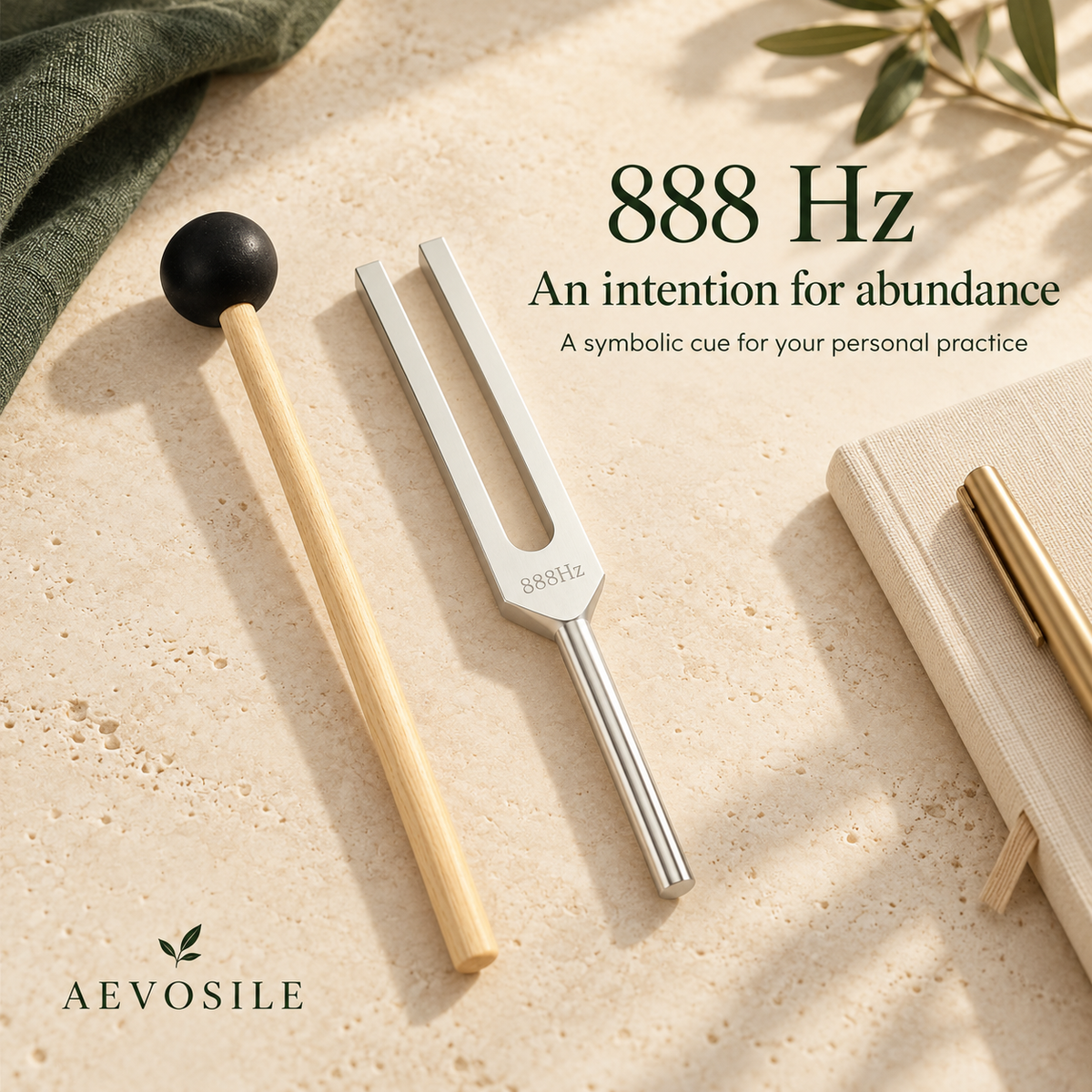 888 Hz unweighted tuning fork beside a journal for abundance-inspired intentions
