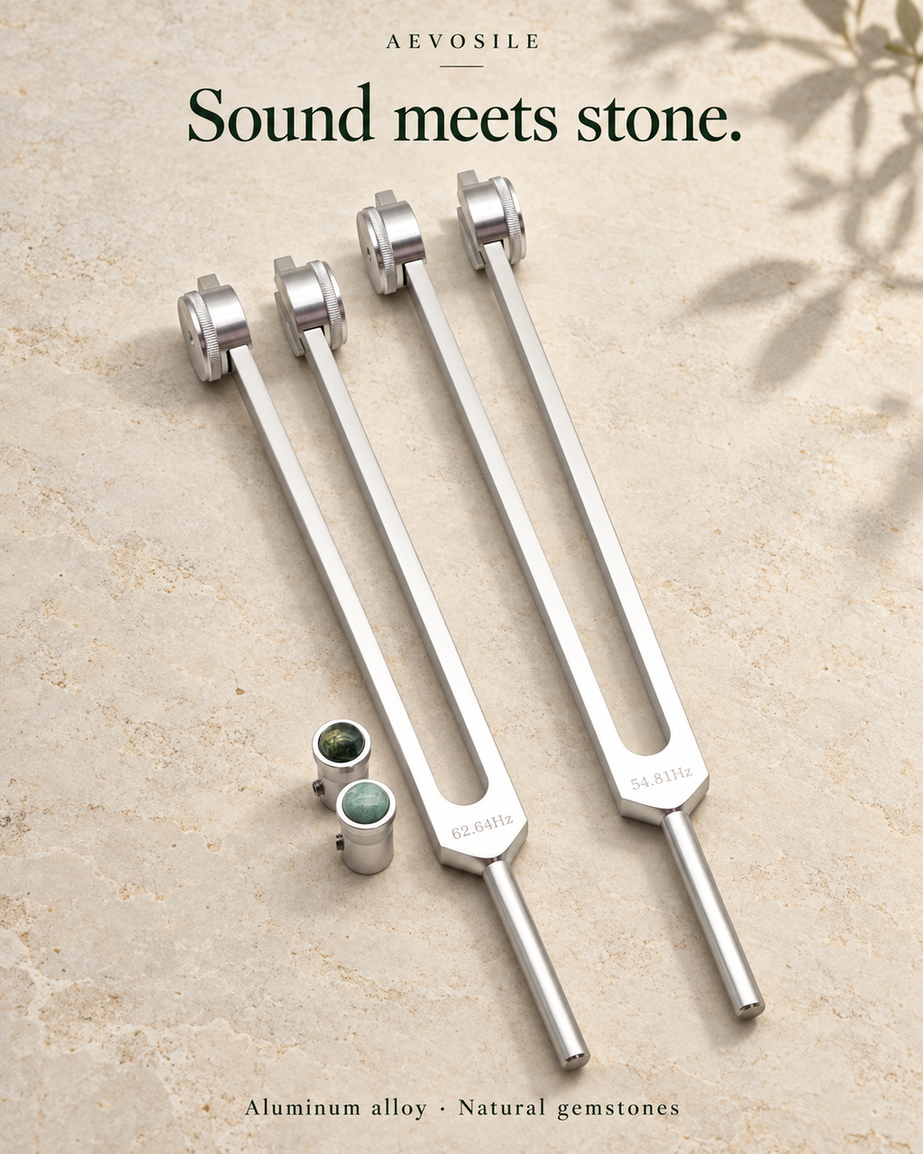 54.81 & 62.64 Hz Weighted Tuning Forks with Gemstone Boots