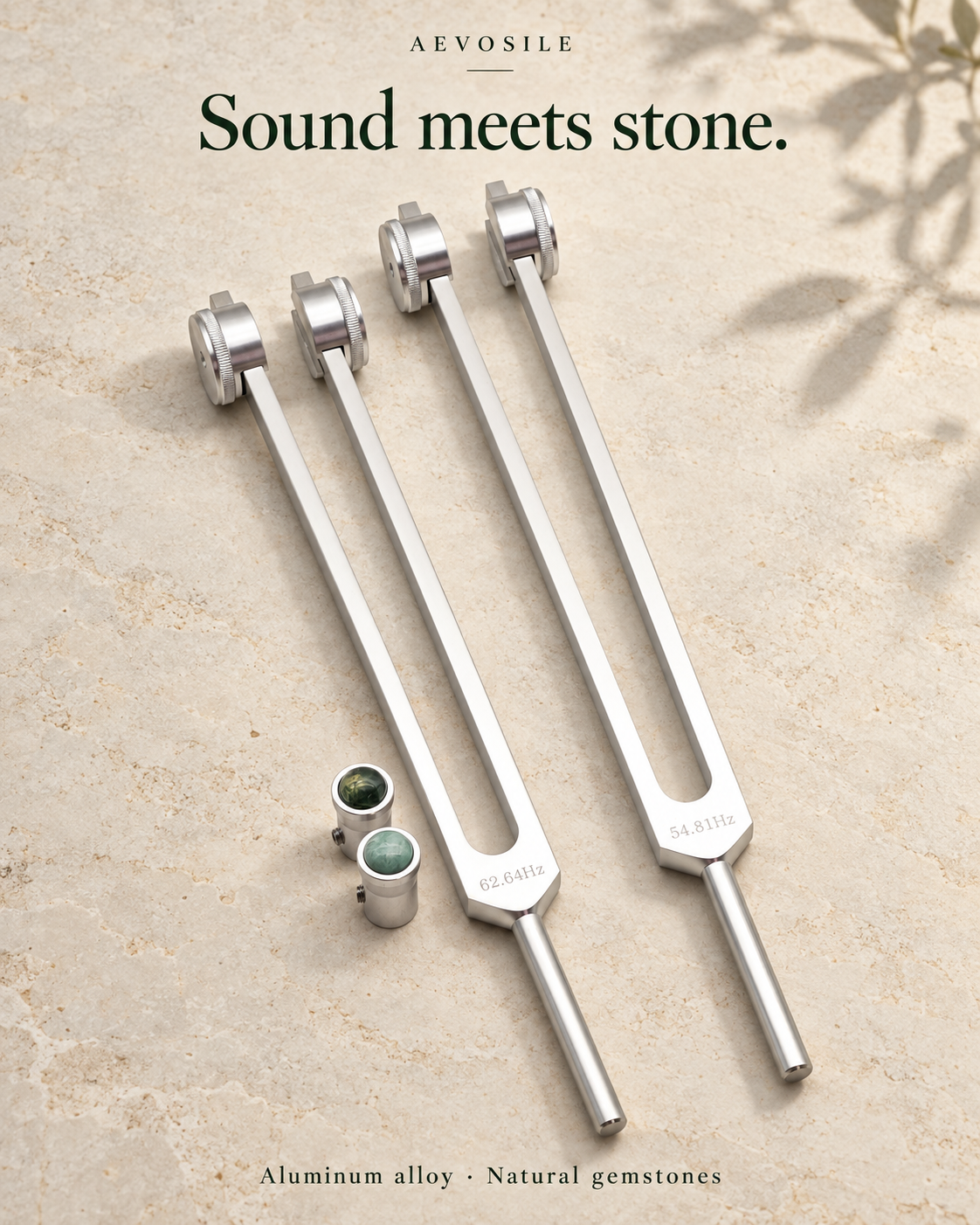 54.81 & 62.64 Hz Weighted Tuning Forks with Gemstone Boots