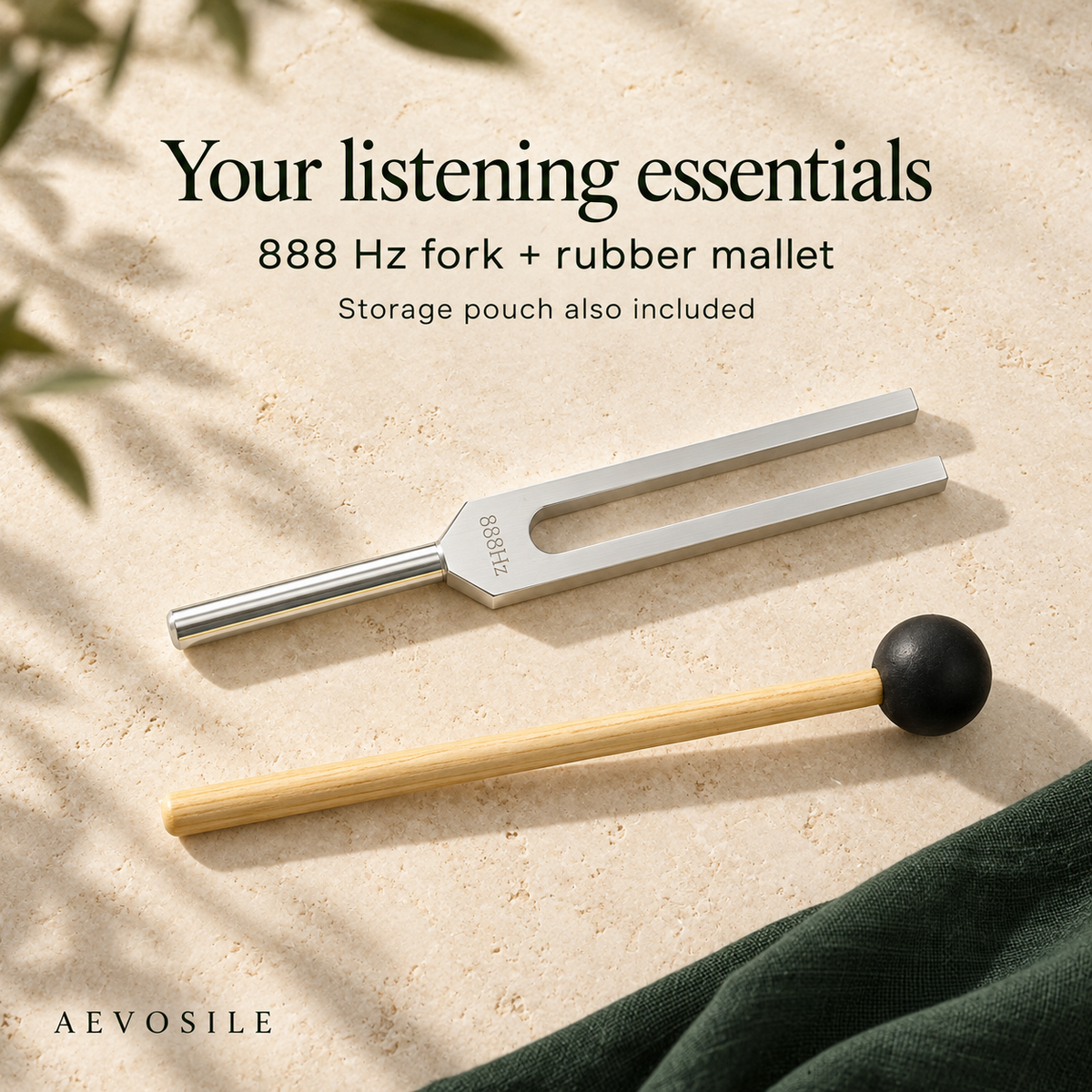 888 Hz unweighted tuning fork and included black rubber mallet