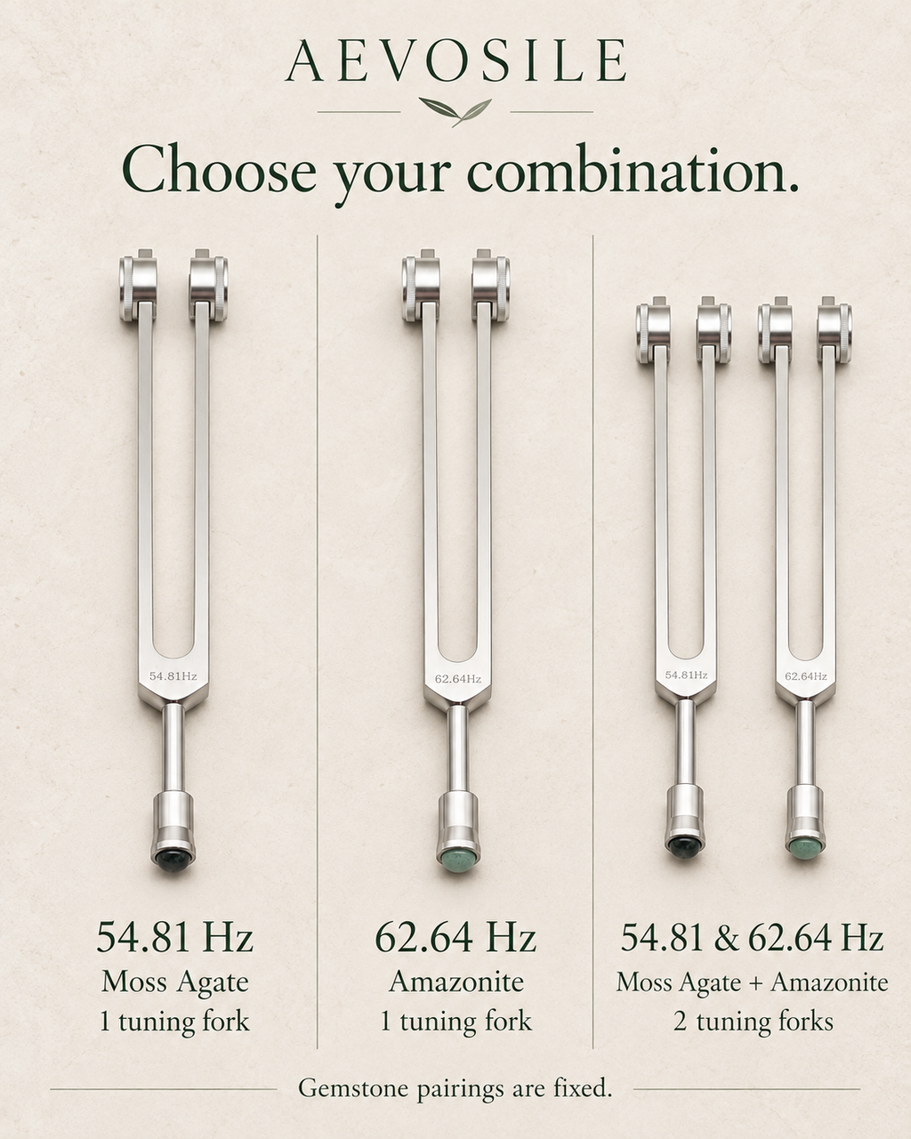 54.81 & 62.64 Hz Weighted Tuning Forks with Gemstone Boots